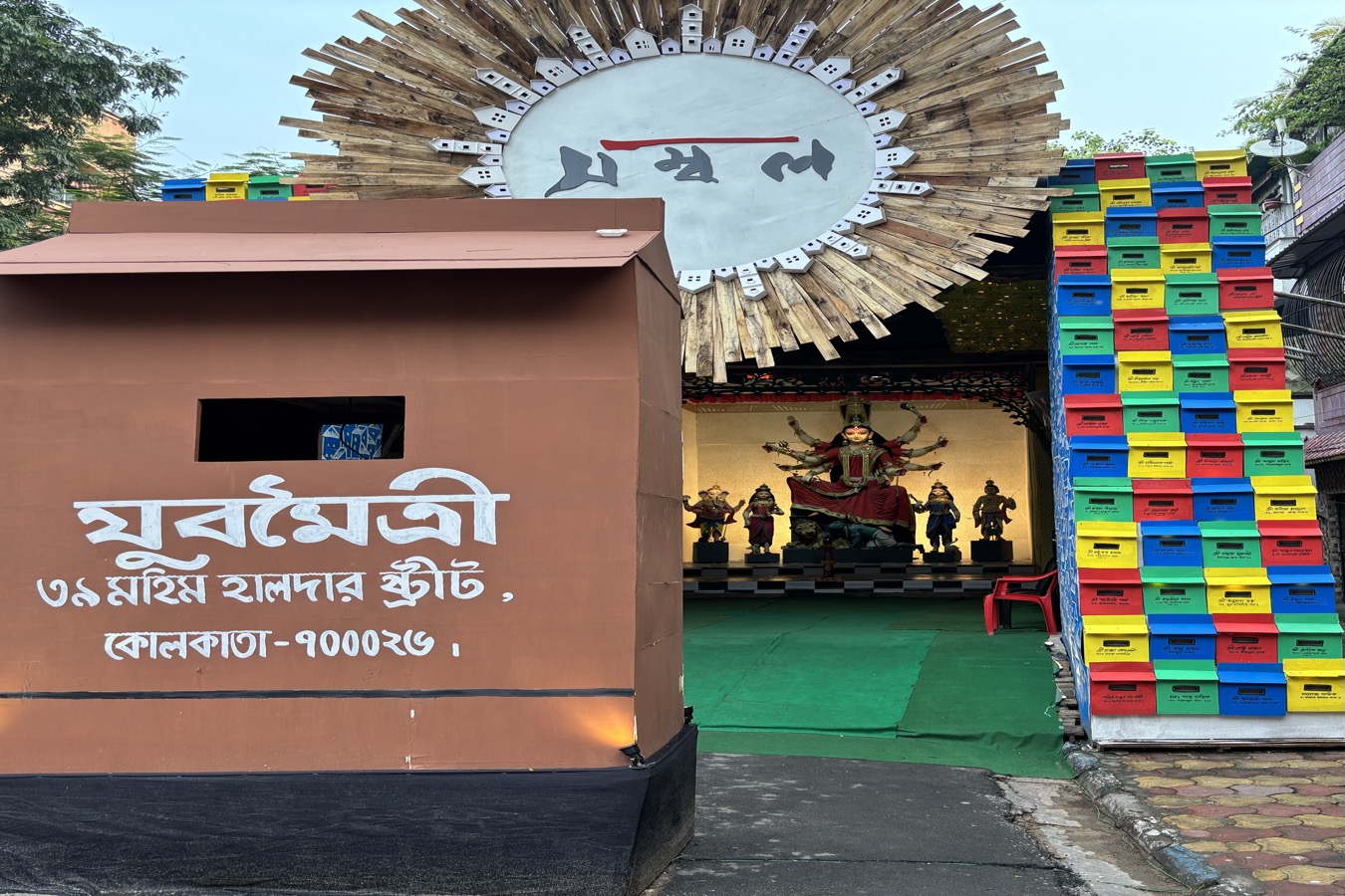 Community Durga Puja pandal in Kolkata — mid-sized, themed, catchment-specific